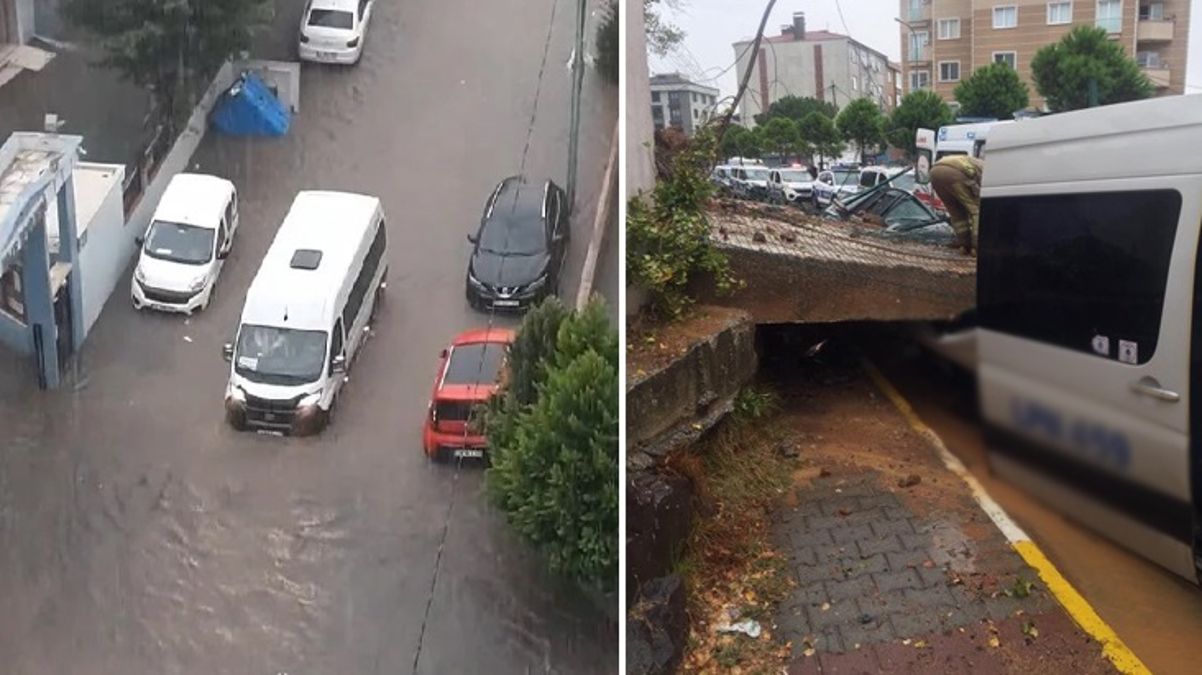 Sağanak bu kez de Anadolu yakasını vurdu! İstanbul Pendik'te istinat duvarı araçların üzerine çöktü