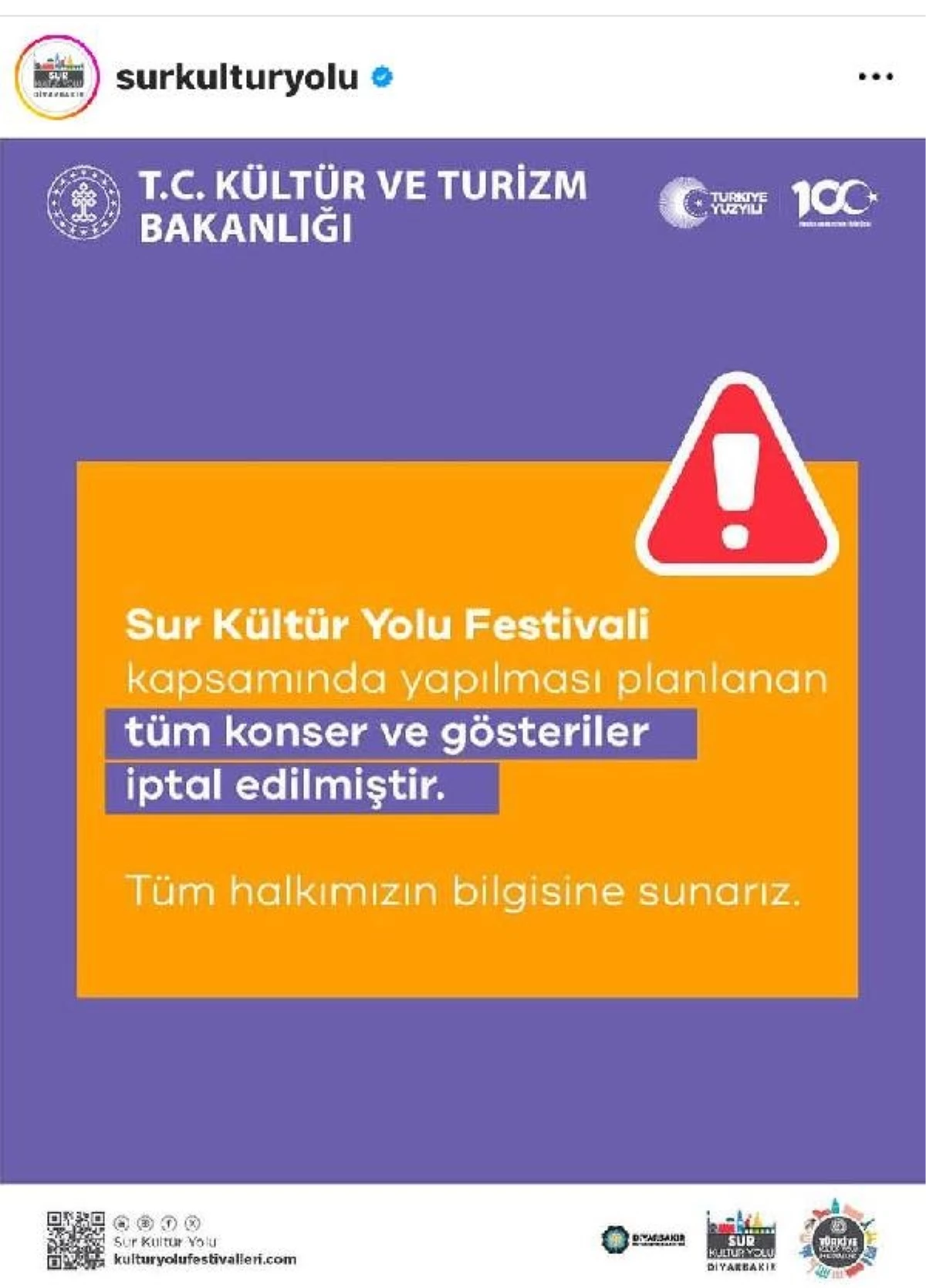 Kültür ve Turizm Bakanlığı, Sur Kültür Yolu Festivali'nde konser ve gösterilerin iptal edildiğini duyurdu