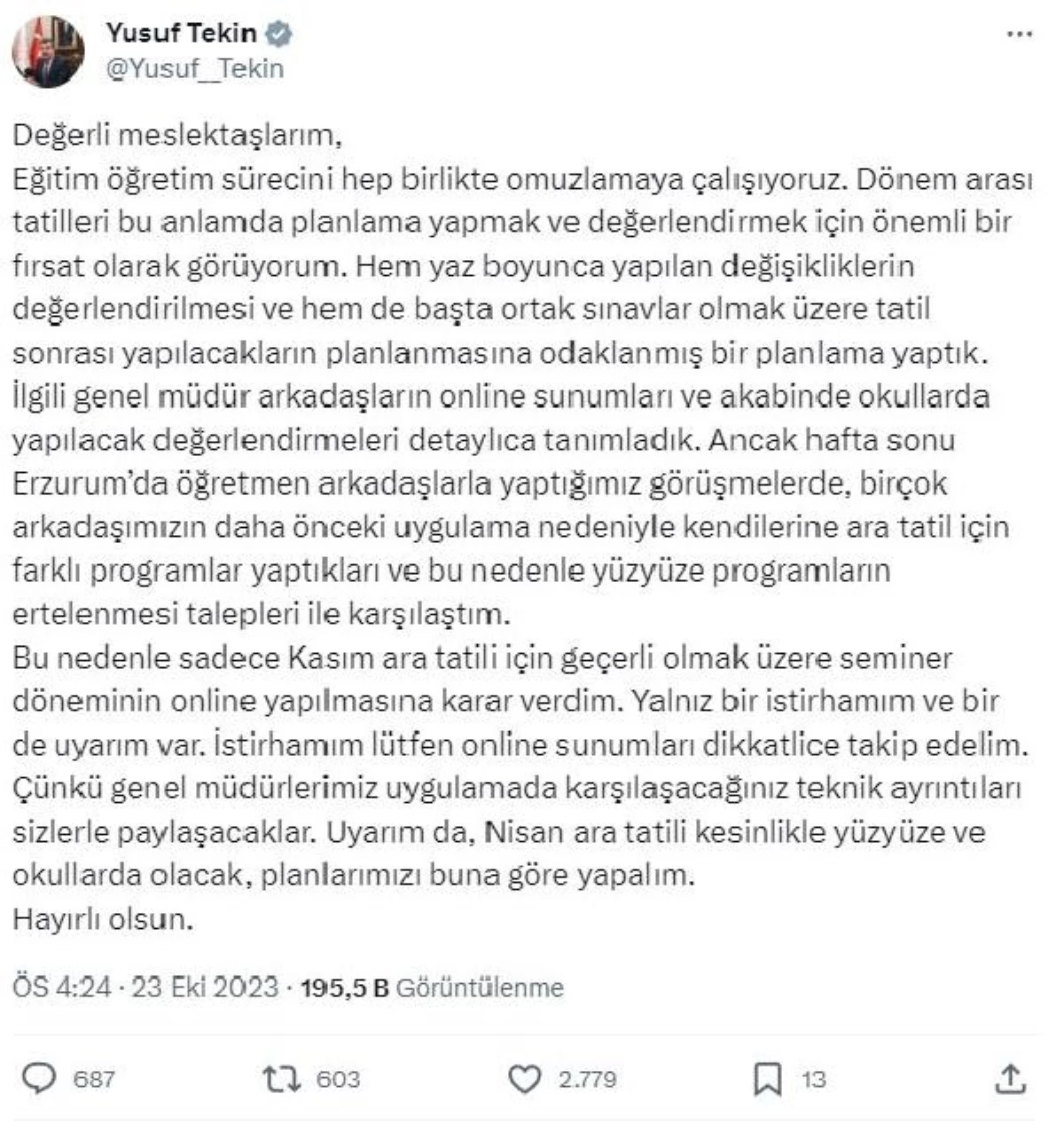 Milli Eğitim Bakanı Yusuf Tekin, Kasım Ara Tatili'nde Seminerleri Online Yapacak