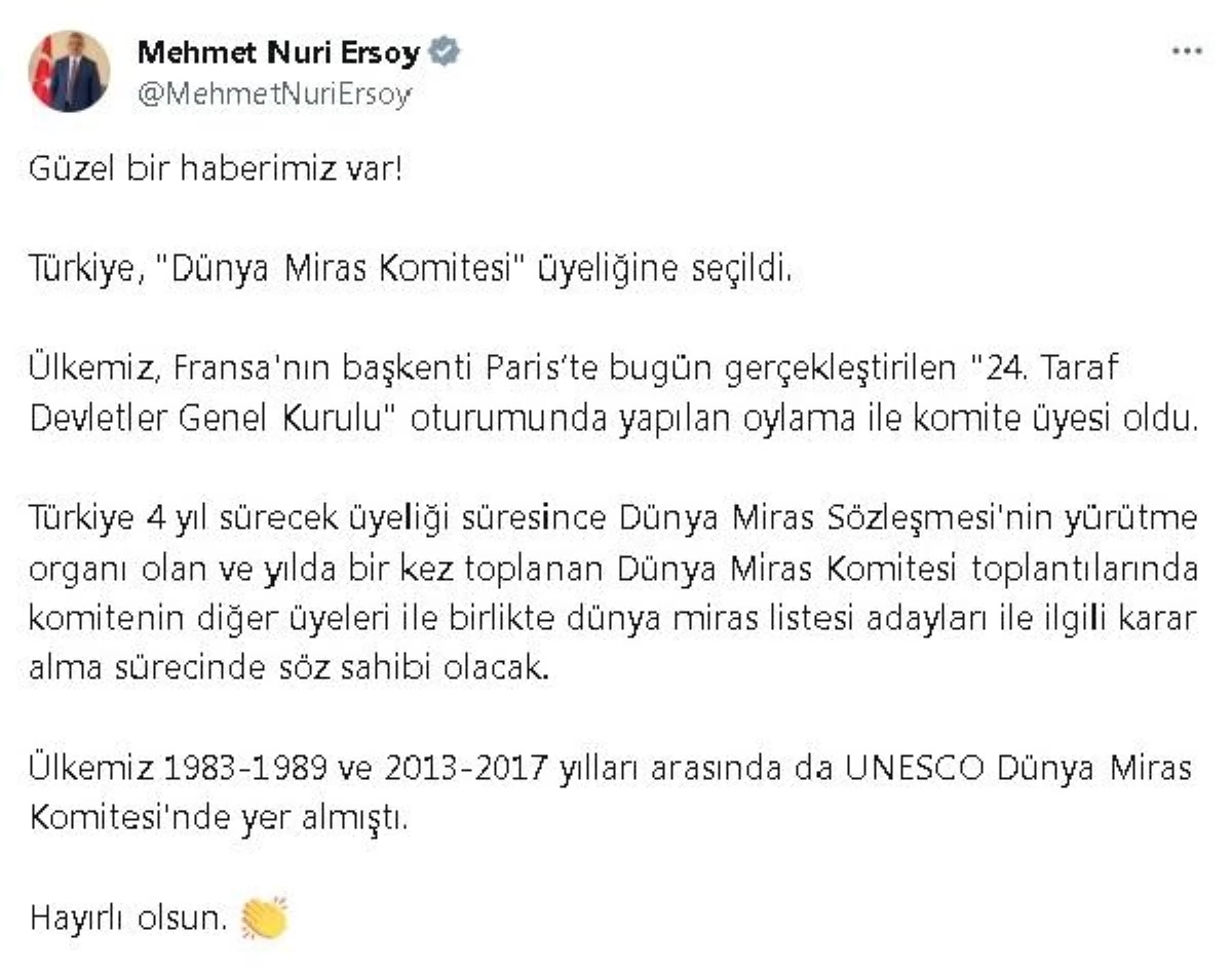 Türkiye, Dünya Miras Komitesi Üyeliğine Seçildi