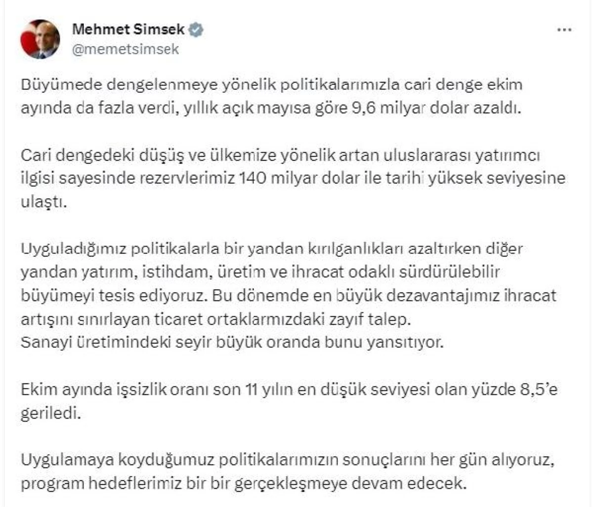 Bakan Şimşek: Uyguladığımız politikalarla sürdürülebilir büyümeyi tesis ediyoruz