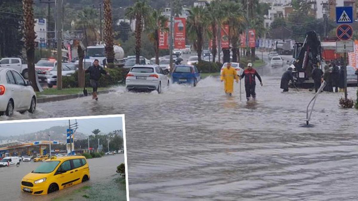 Bodrum'da şiddetli sağanak! Cadde ve sokaklar göle döndü