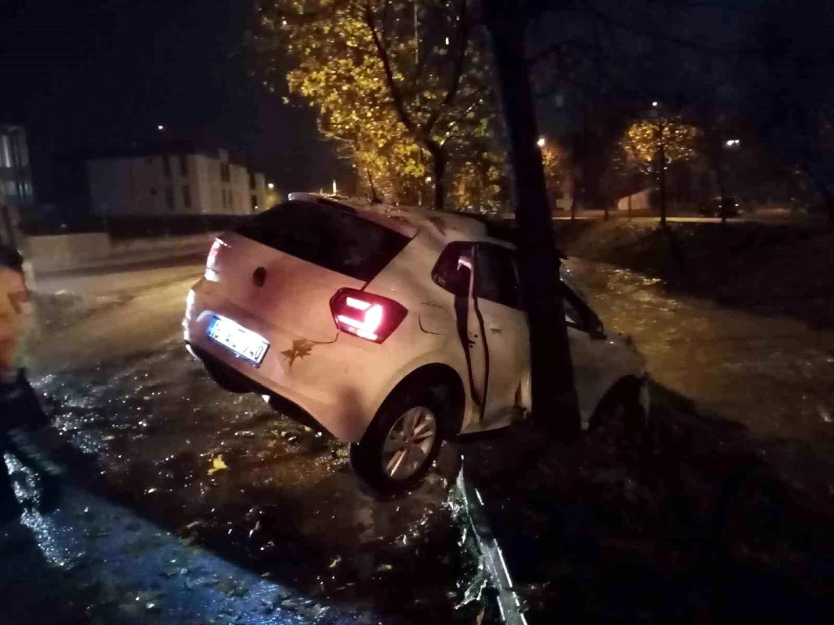 İnegöl'de babasından habersiz otomobili kaçıran genç ağaca çarptı, 2 kişi yaralandı