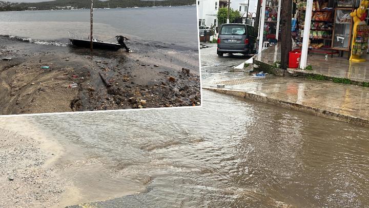 Bodrum'da fırtına ve sağanak hayatı olumsuz etkiledi! Sokaklar göle döndü