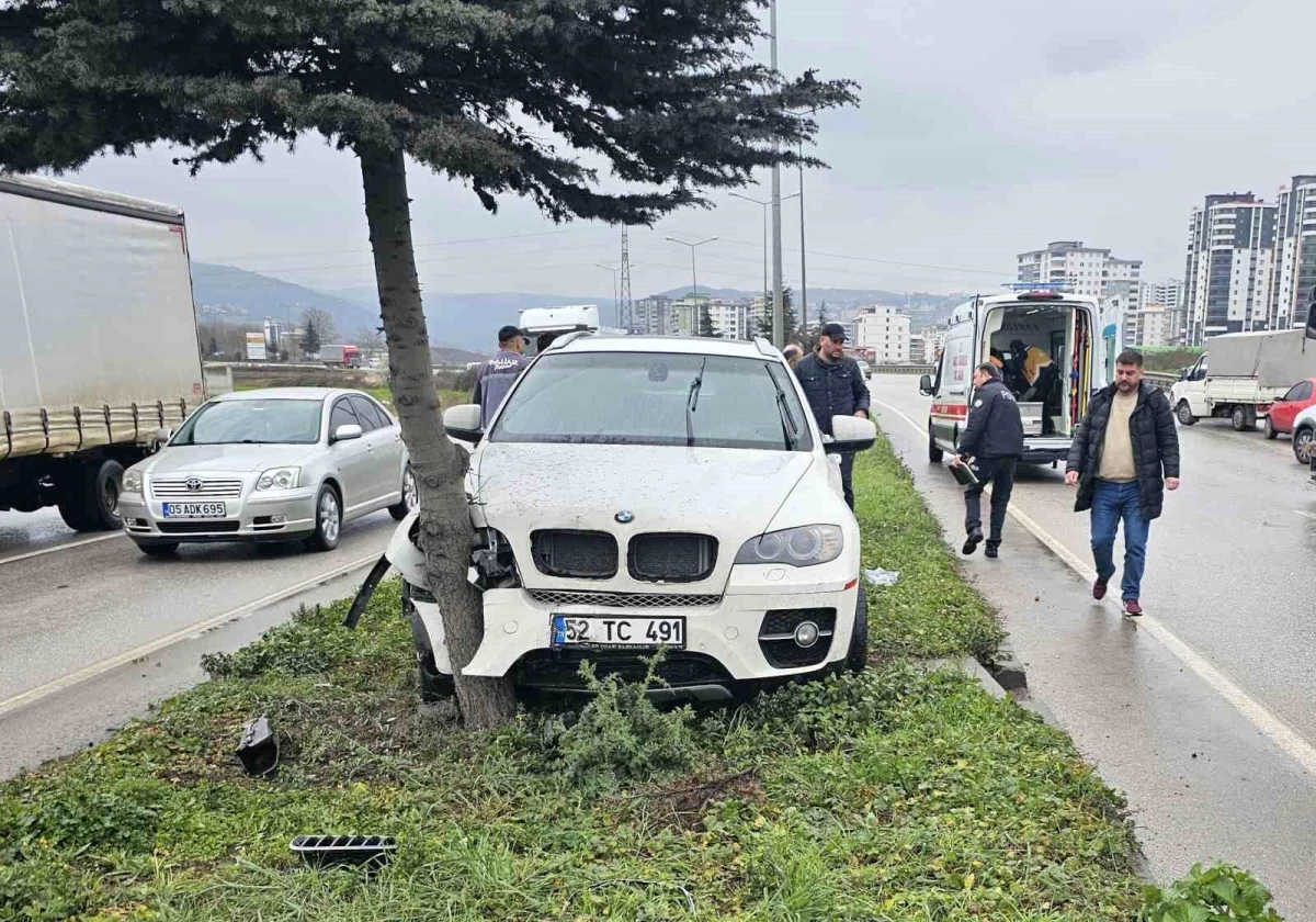 Samsun'da otomobilin refüjdeki ağaca çarptığı kazada sürücü yaralandı