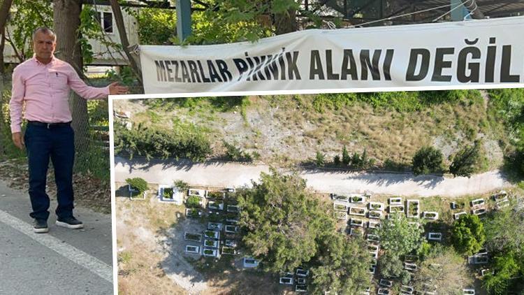 Muhtardan tepki pankartı: Mezarlıklar piknik alanı değildir