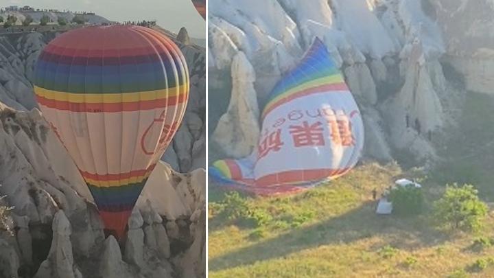 Kapadokya'da korku dolu anlar! Sıcak hava balonu, ters rüzgarda kayalıklara indi