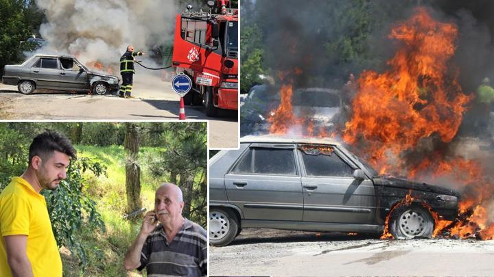 Karabük'te torununu sınava getirdikten sonra otomobil alev topuna döndü! Araç sahibi gözyaşlarına boğuldu