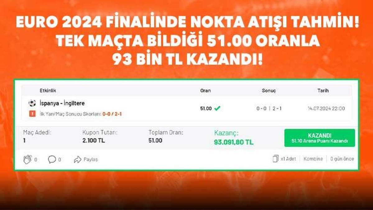 EURO 2024 finalinde nokta atışı tahmin! Tek maçta bildiği 51.00 oranla 93 bin TL kazandı!