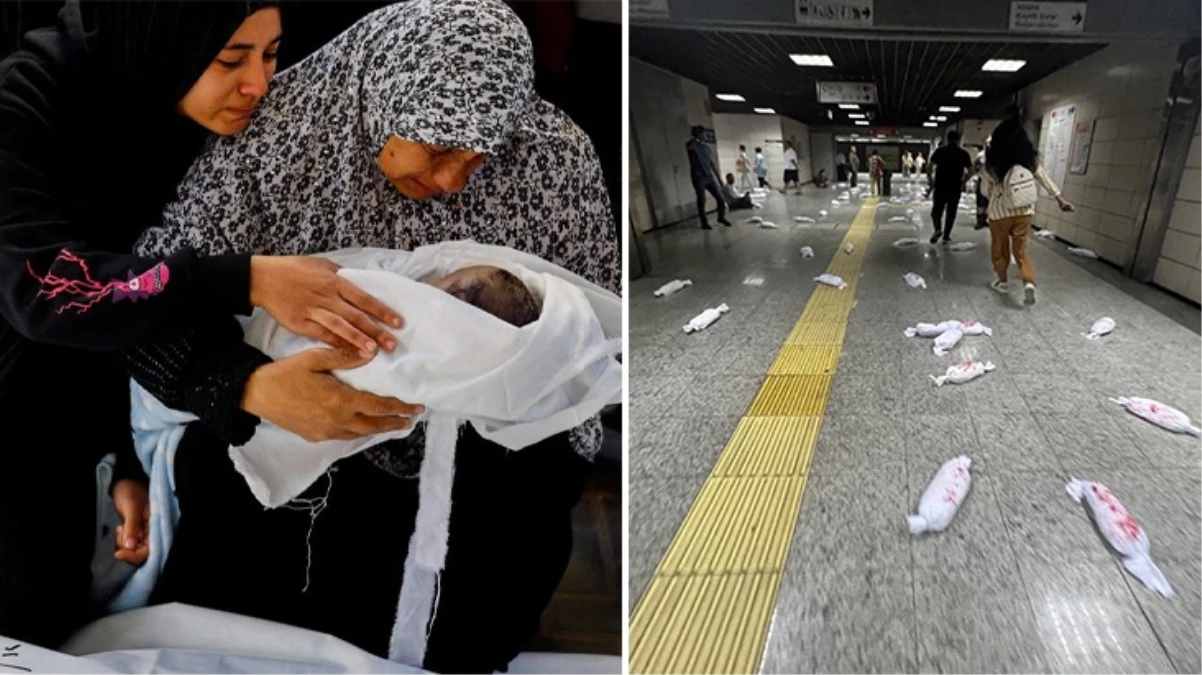 İsrail'in kanlı katliamına yürek yakan protesto! Marmaray istasyonu "Kanlı bebekler" ile dolu taştı