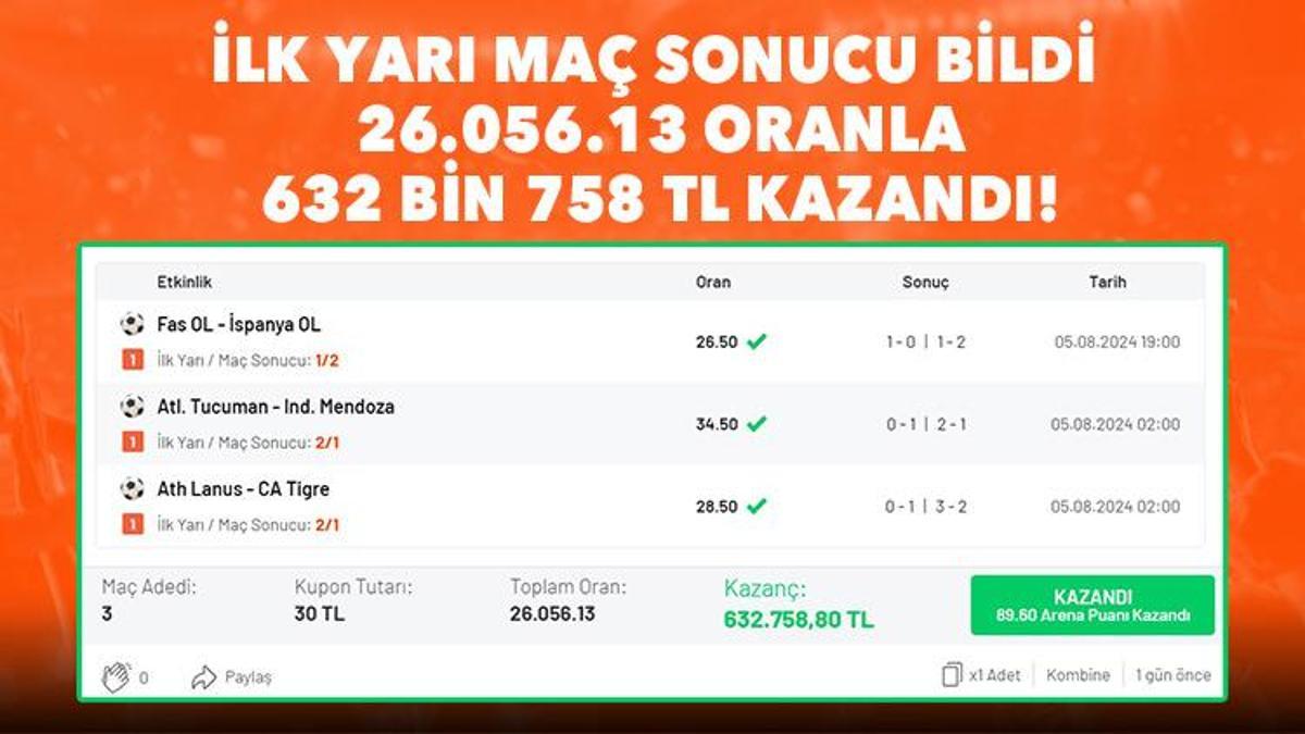 3 Maçın İlk Yarı / Maç Sonucunu bildi, 26.056.13 oranla 632 bin 758 TL kazandı!