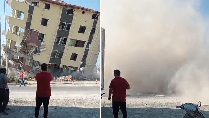 Hatay'da panik anları: Ağır hasarlı bina, yıkım sırasında yola devrildi