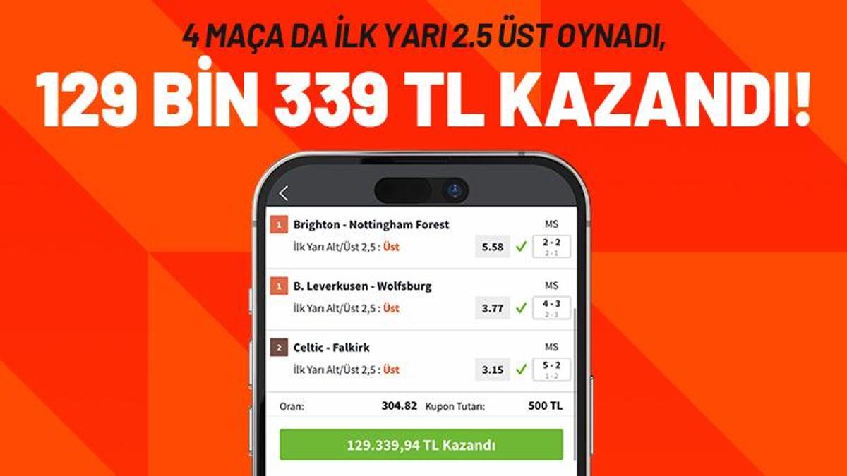 4 Maça da İlk Yarı 2.5 Üst Oynadı, 129 Bin 339 TL Kazandı!