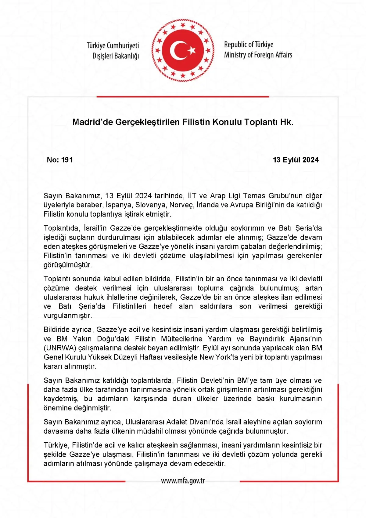 Dışişleri Bakanı Hakan Fidan, Filistin Konulu Uluslararası Toplantıya Katıldı