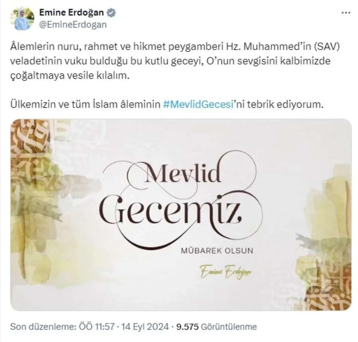 Emine Erdoğan'dan Mevlit Kandili Mesajı