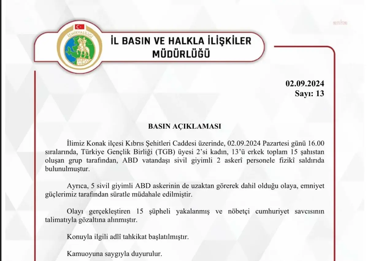 İzmir'de ABD Askerinin Kafasına Çuval Geçirilmesine İlişkin Valilikten Açıklama