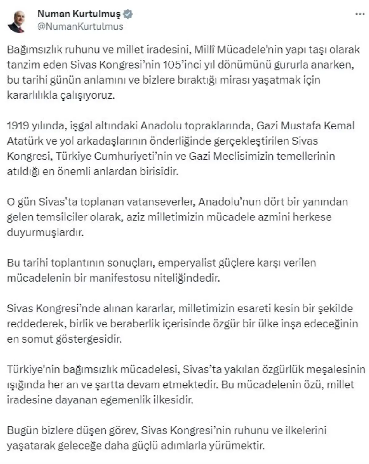 TBMM Başkanı Kurtulmuş'tan Sivas Kongresi'nin 105. Yıl Dönümü Mesajı