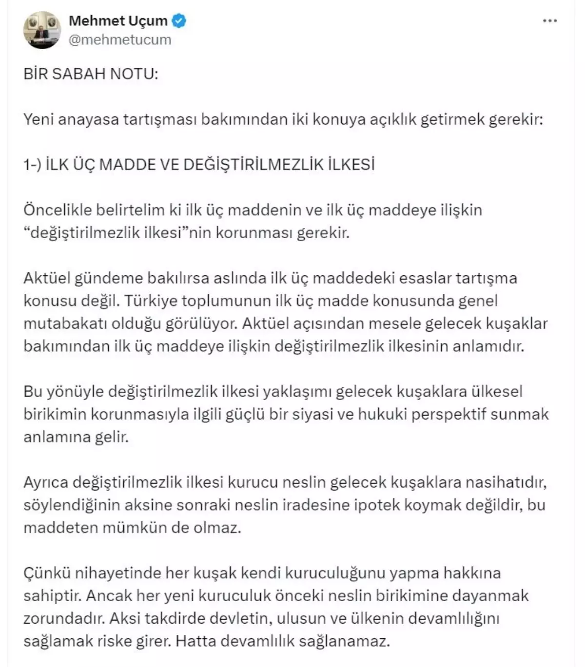 Yeni Anayasa Tartışmalarında Değiştirilmezlik İlkesi Vurgusu